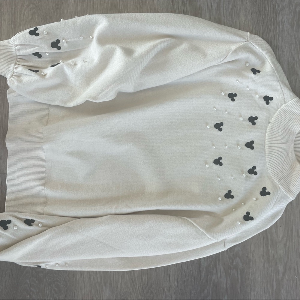 NWT DISNEY HER Cream Sweater with Black Mickey Mouse Design and Pearls